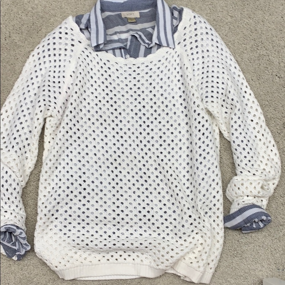Loft white boatneck sweater & Blue/white blouse.